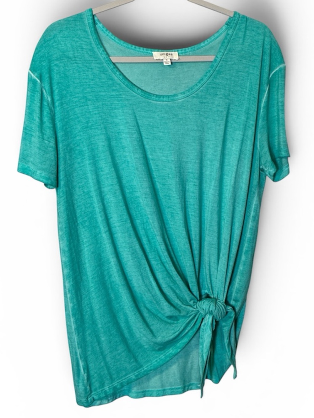 Umgee Knot-Front Short Sleeve Tee Shirt Aqua Relaxed Small